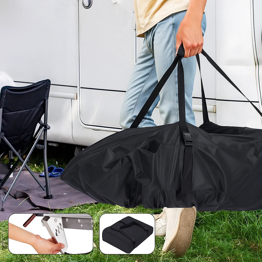 Man carrying portable gas pizza oven in a travel bag for outdoor camping and picnics