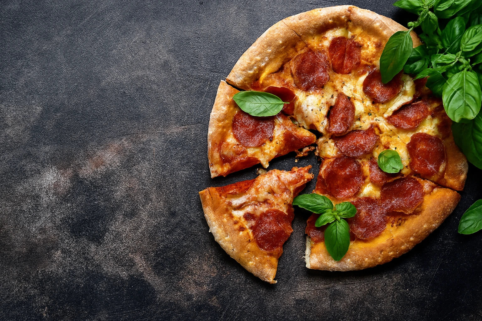 Freshly baked pepperoni pizza with basil leaves on a dark rustic background