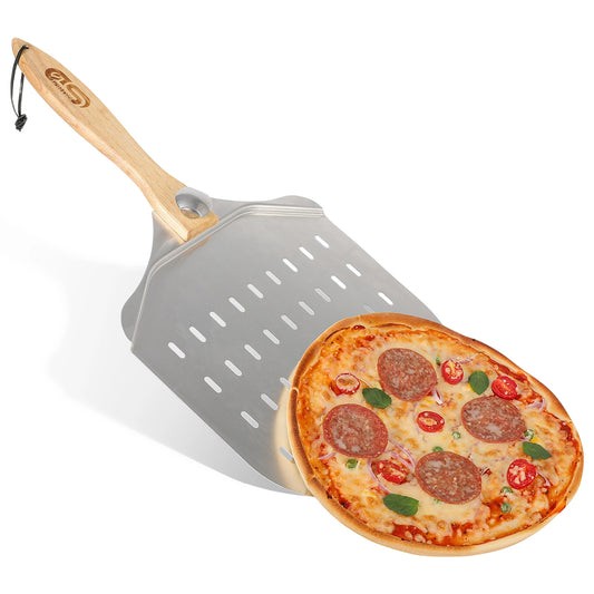 12 inch aluminum pizza peel with wooden handle holding a pepperoni pizza