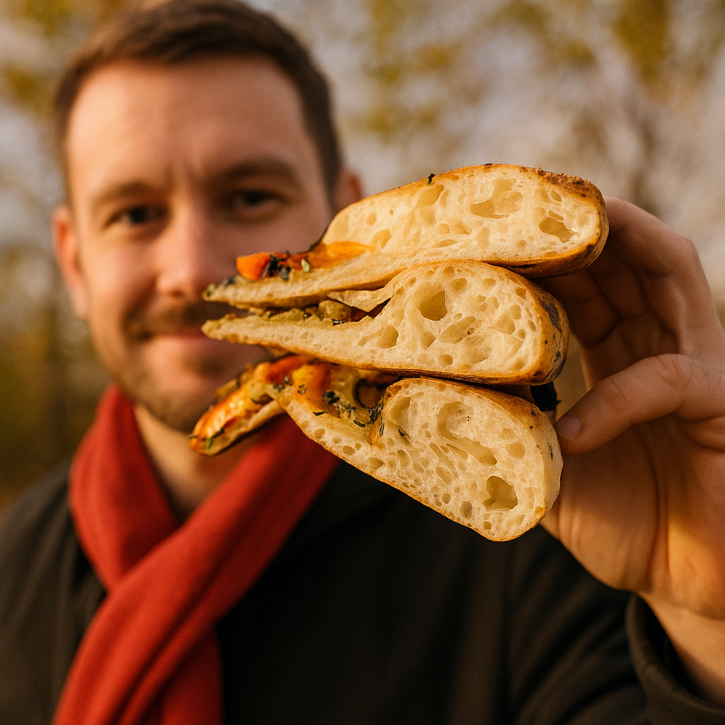 Chef holiding pizza in teglia a la romana