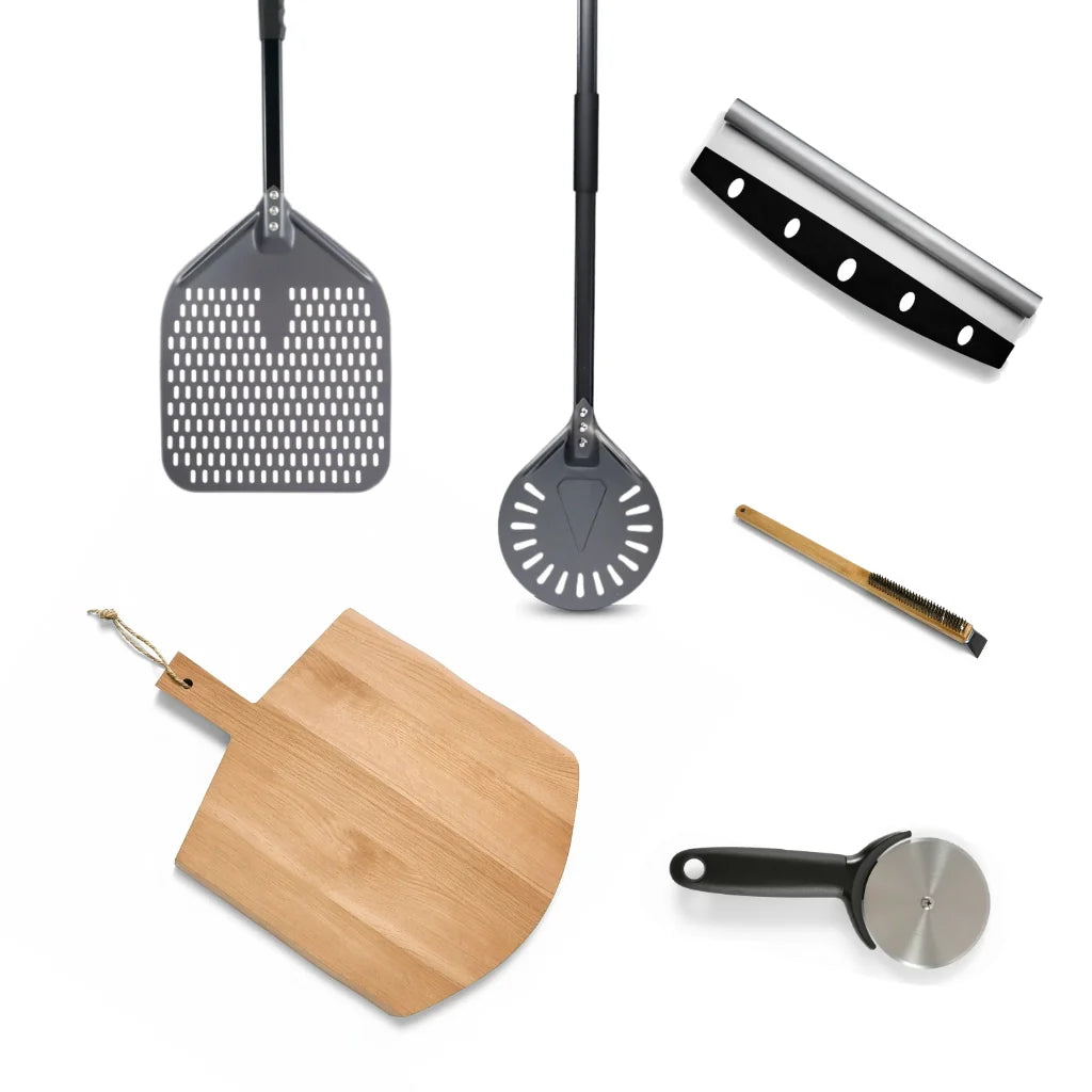 SizzleDelite pizza oven accessories including peel, cutter, brush, and cover