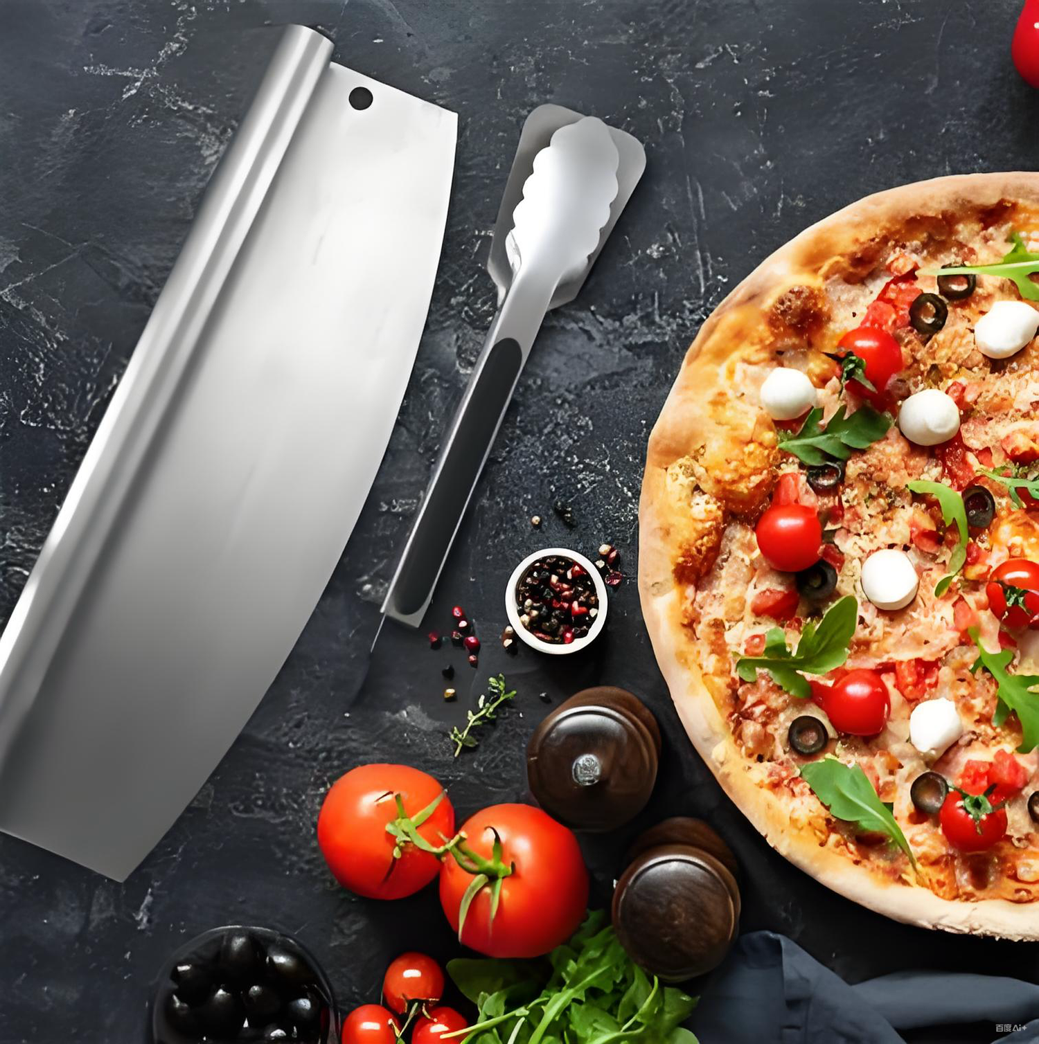 SizzleDelite pizza oven accessories including peel, cutter, brush, and cover