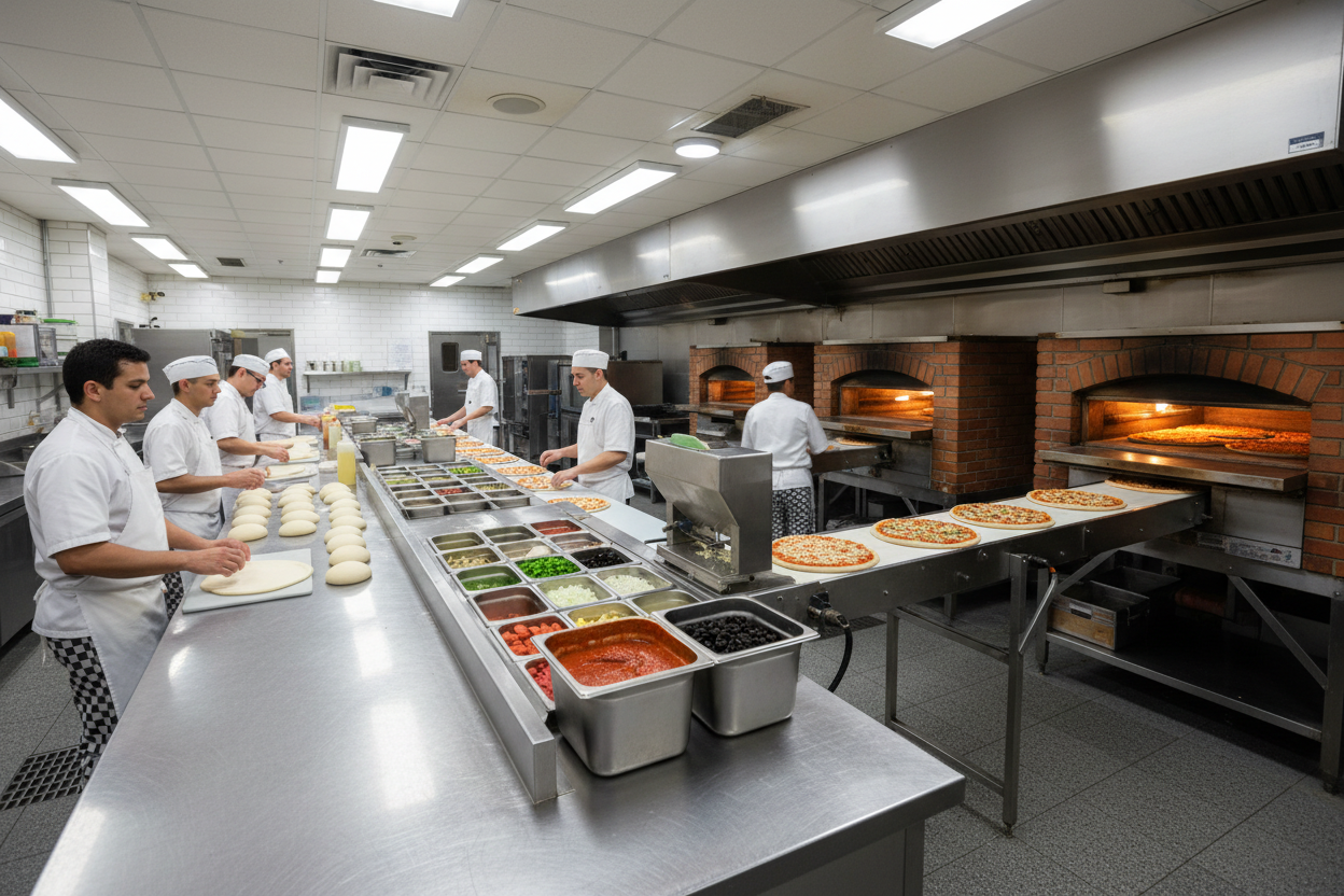 美国餐厅厨房里千篇一律的披萨制作流水线