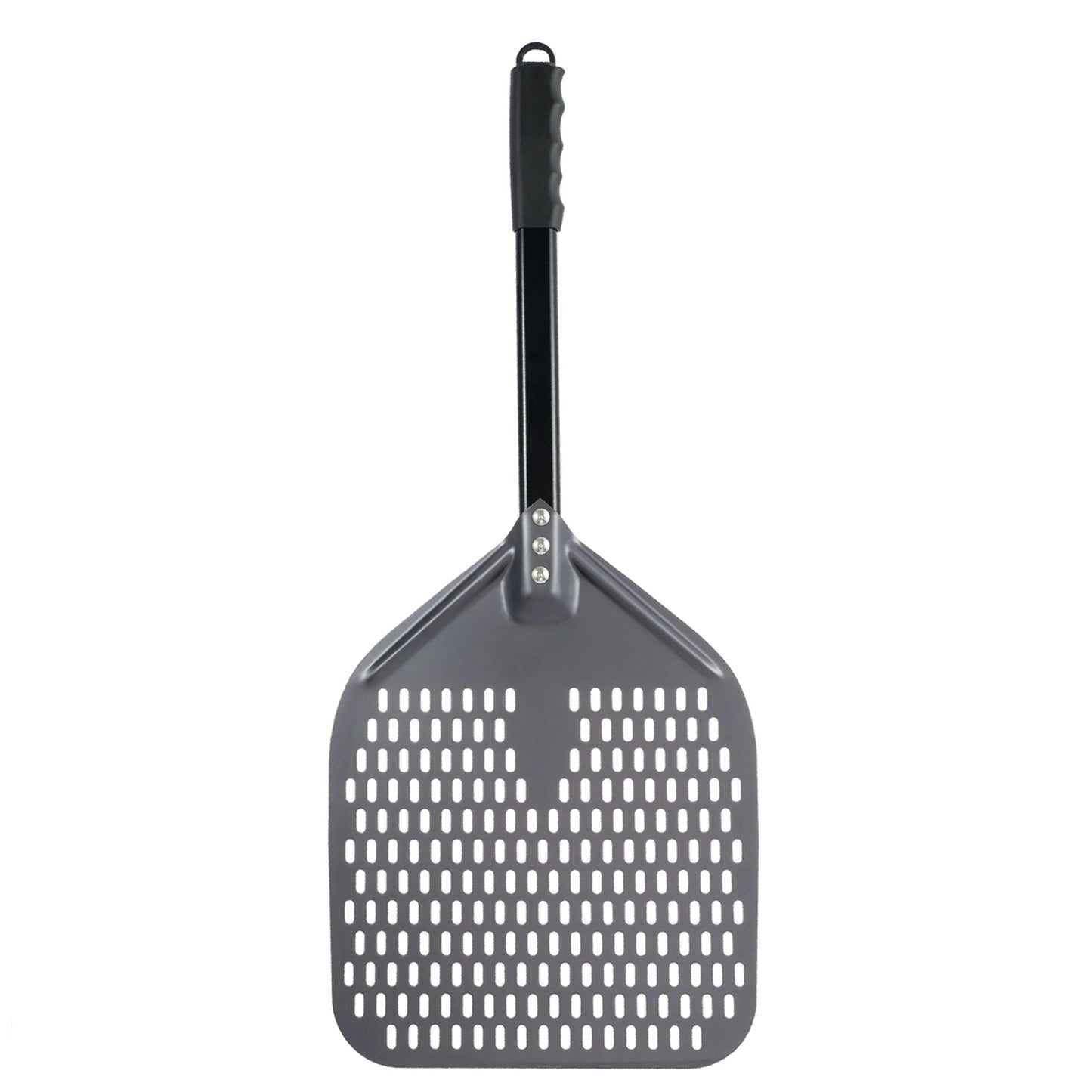 SizzleDelite 12-Inch Metal Perforated Pizza Peel – Front View on White Background with Ergonomic Handle