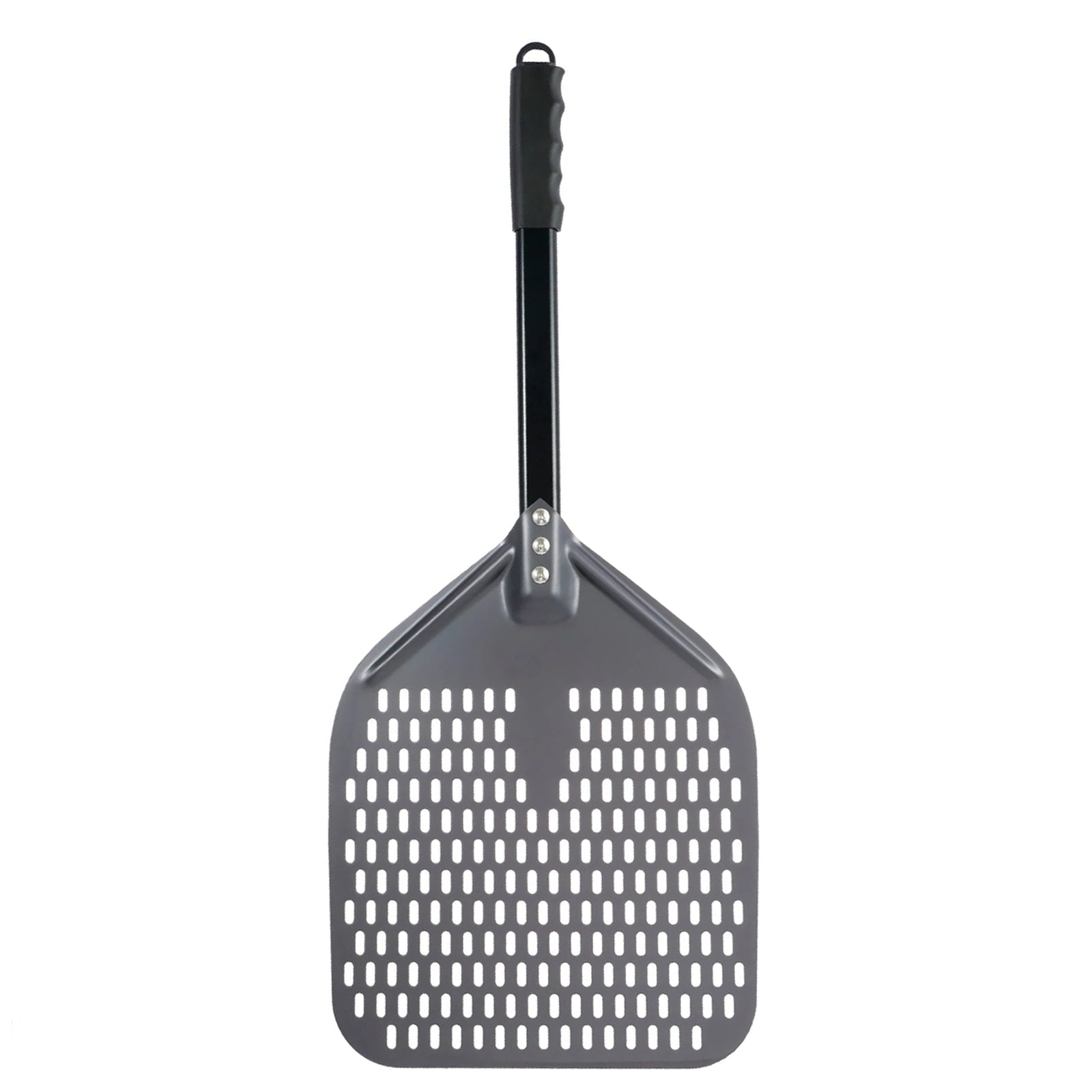 SizzleDelite 12-Inch Metal Perforated Pizza Peel – Front View on White Background with Ergonomic Handle