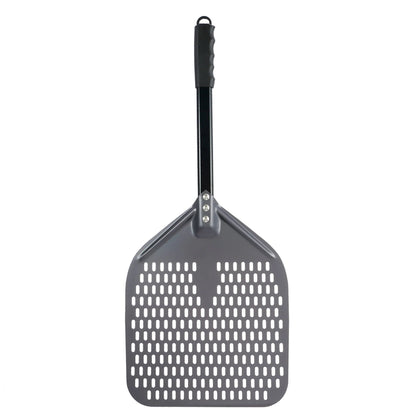 SizzleDelite 12-Inch Metal Perforated Pizza Peel – Front View on White Background with Ergonomic Handle