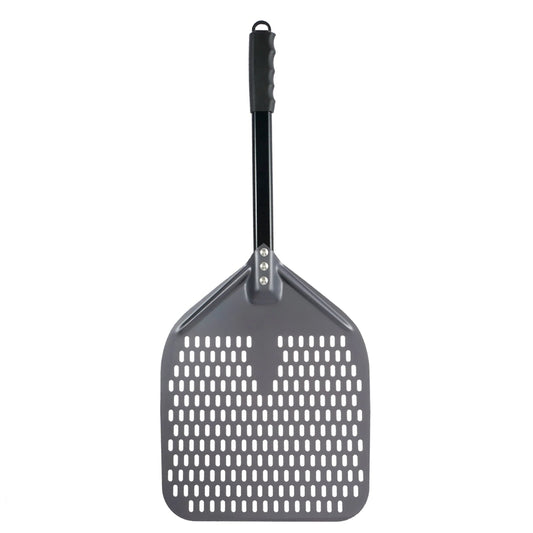 SizzleDelite 12-Inch Metal Perforated Pizza Peel – Front View on White Background with Ergonomic Handle