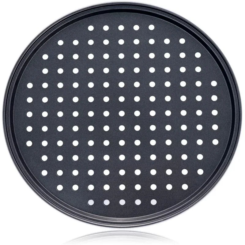 SizzleDelite Nonstick Carbon Steel Pizza Pan with Perforated Design – Top View on White Background