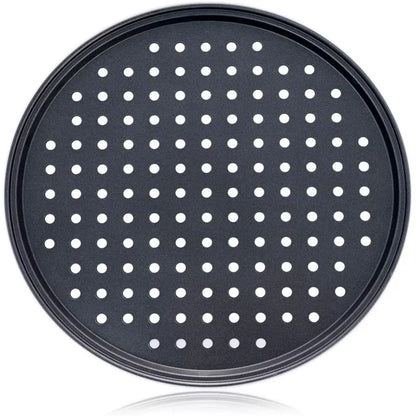 SizzleDelite Nonstick Carbon Steel Pizza Pan with Perforated Design – Top View on White Background