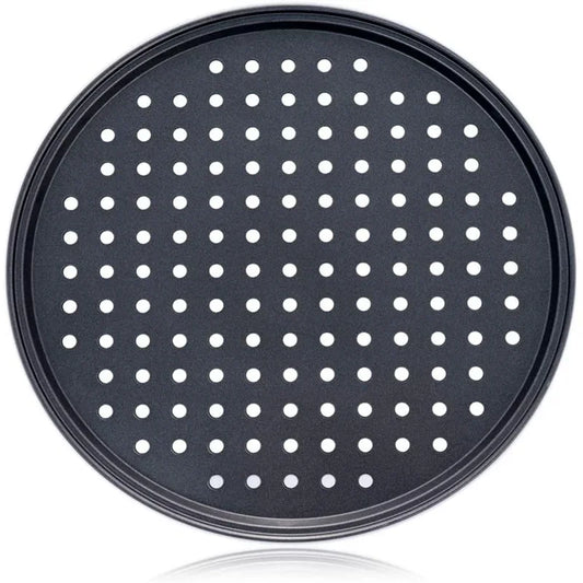 SizzleDelite Nonstick Carbon Steel Pizza Pan with Perforated Design – Top View on White Background