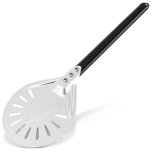SizzleDelite Aluminum Pizza Turning Peel with Black Handle – Perforated Round Head on White Background