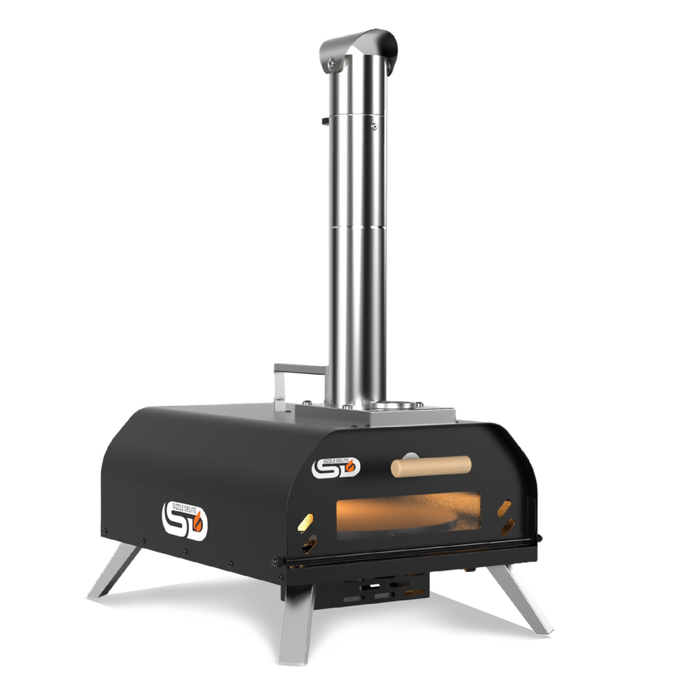 Front view of SizzleDelite Ember 12 wood pellet pizza oven with chimney